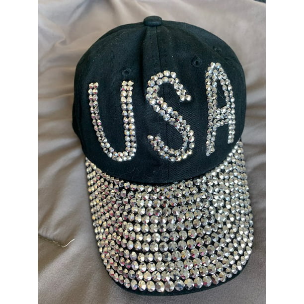 Women's USA American Black Bling Rhinestone Cap Hat Adjustable ...