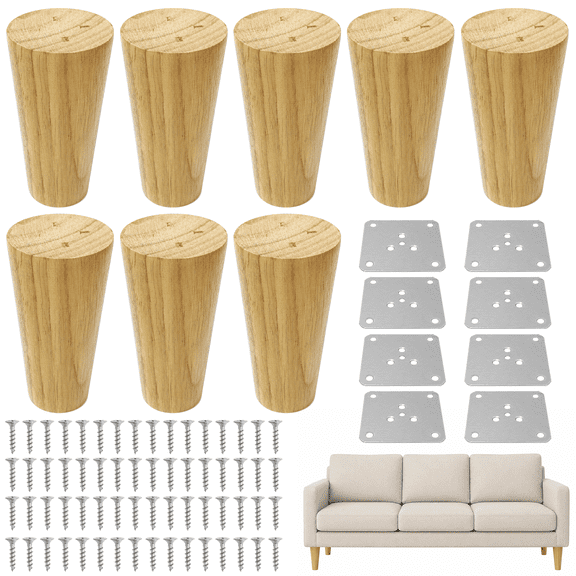 8 Pcs Wooden Furniture Legs, 3.9 in / 10 cm Round Replacement Furniture Feet with Mounting Plates and Screws, Heavy Duty Sofa Legs for Cabinet, Bed, Couch, Table