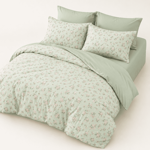 - Flcomforter Set With Sheets Coquettetagecore Aesthetic Flower Shabby Chic Pattern For Women Teen 5 Pieces Bed A Bag Green Pink