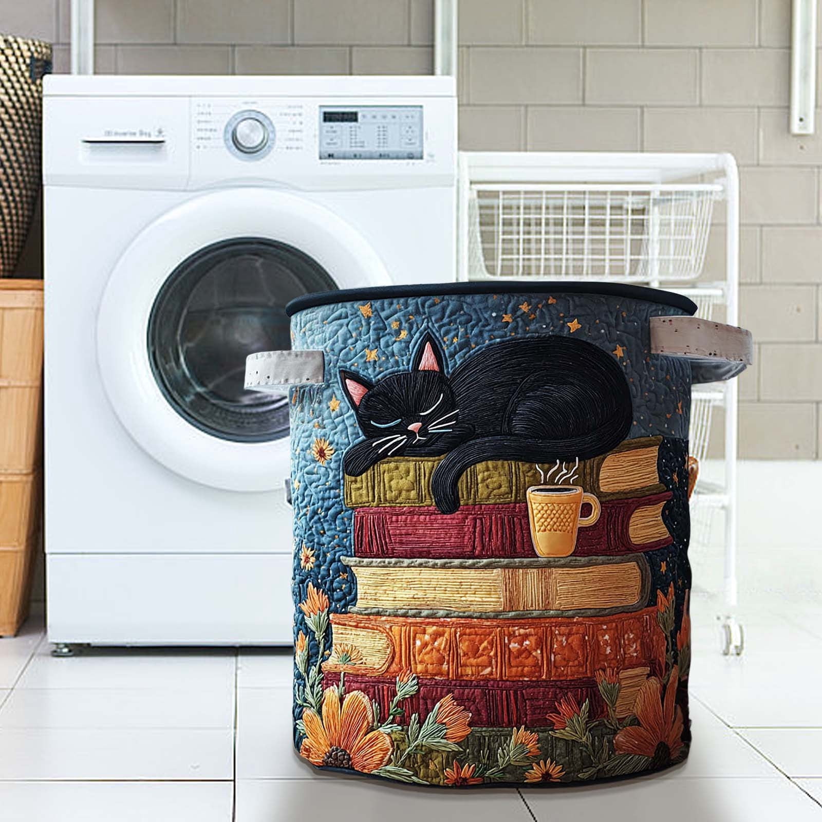 Laundry Organizer Bin, Quilted Embroidered Storage Basket, Foldable Fabric Hamper, Dirty Clothes Holder for Bedroom Bathroom Closet