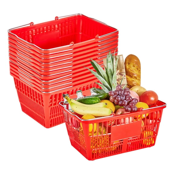KFFKFF Set of 12 Stackable 21L Plastic Shopping Baskets with Metal Handles, Durable Mesh Design, Supports up to 20 lbs, Ideal for Grocery Stores, Retail Shops, Supermarkets, and Home Use, Red