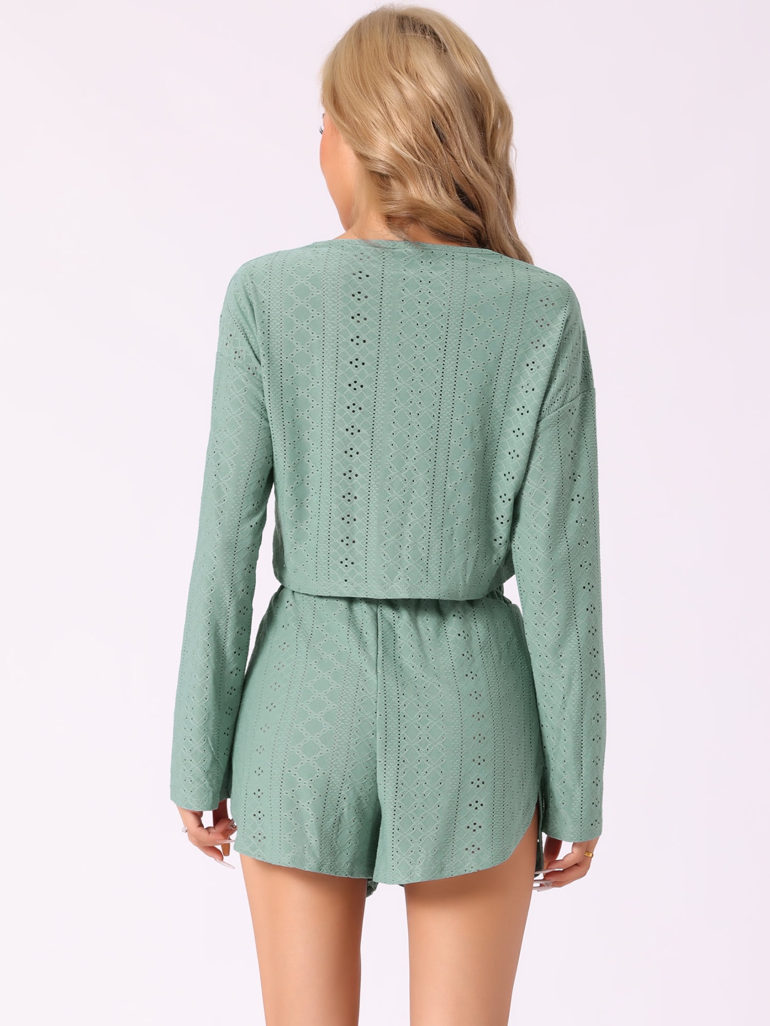 DARING DIVA Women's Hollow Out Tops with Slit Shorts Pajamas Sets S Green