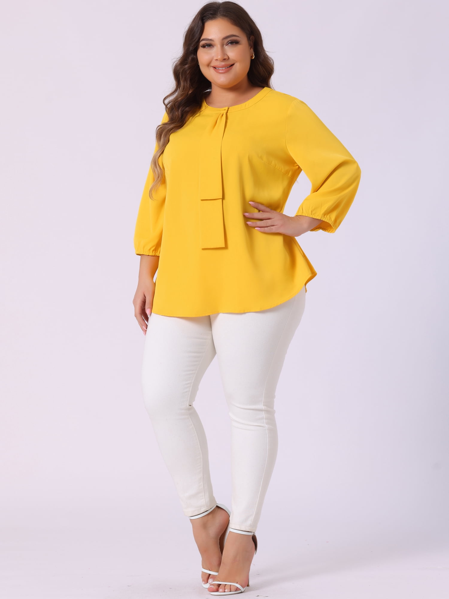 DARING DIVA Women's Plus Round Neck Work Ruffle Chiffon Top 4X Yellow