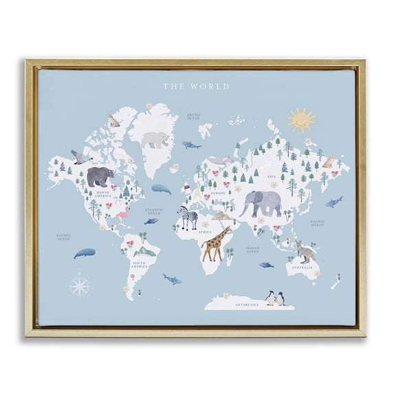Stupell Industries Eclectic World Animals Map Gold Floating Frame Canvas Art, 21 x 17, by Leah Straatsma