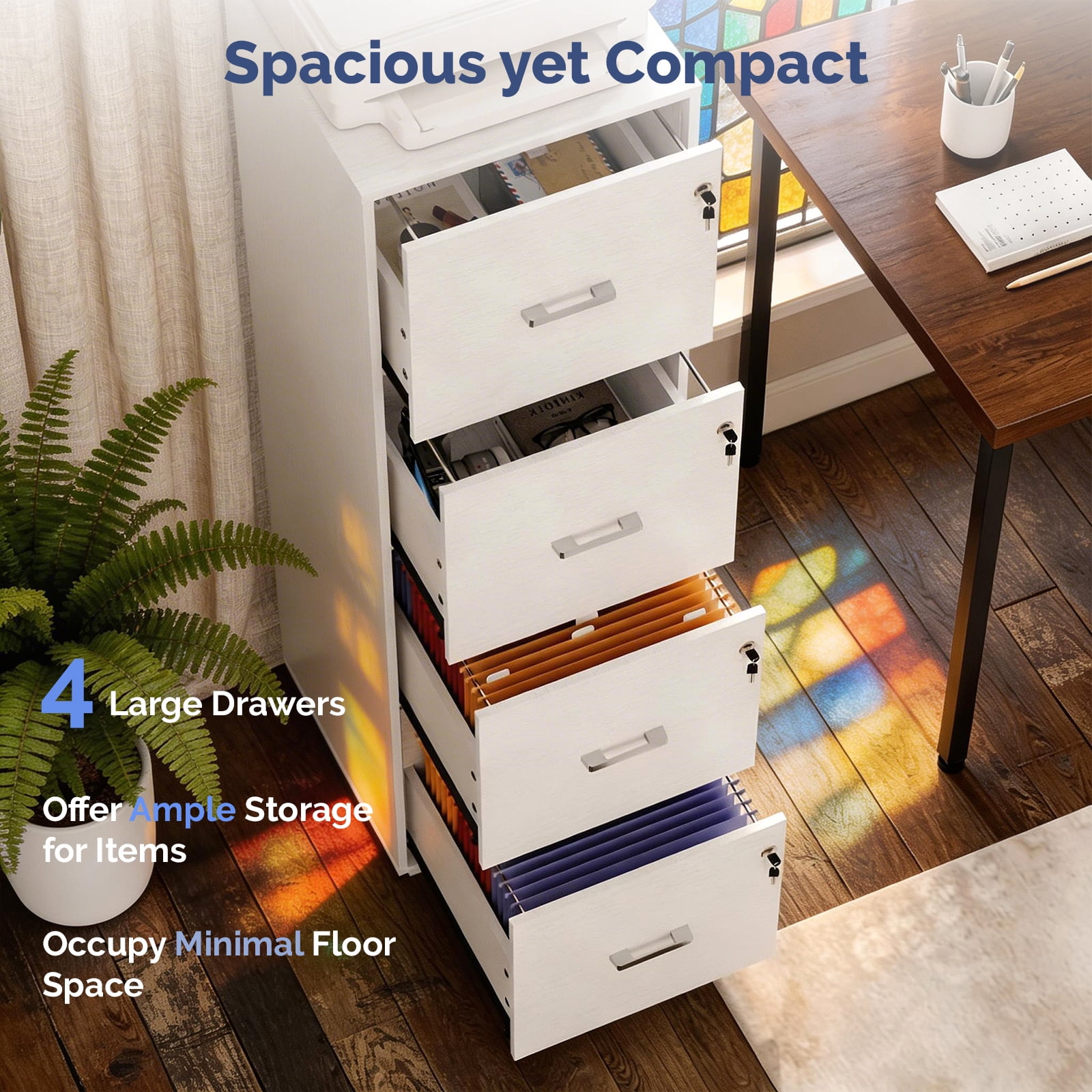 Ktaxon Wood 4-Drawer Lateral File Cabinet with Lock for Home Office, Lockable Filing Cabinet, Easy to Assemble, White