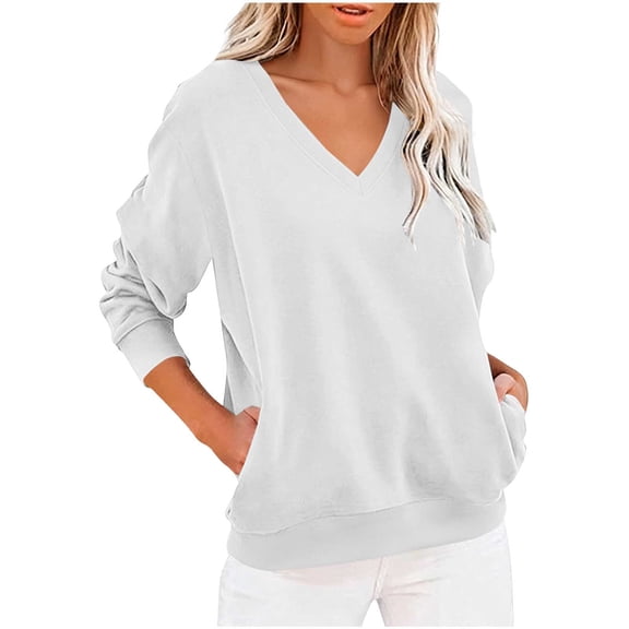 cfhntfmh Womens Casual Sweatshirts V Neck Long Sleeve Comfy Pullover Tops Fashion Fall Clothes with Pockets
