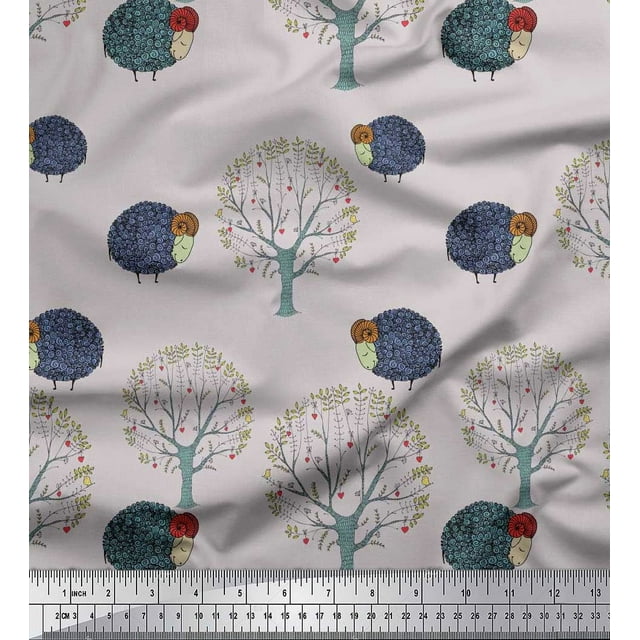 Soimoi Cotton Cambric Fabric Tree & Sheep Animal Print Sewing Fabric Yard 42 Inch Wide