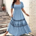 thumbnail image 7 of LWavelet Women's Plus Size Boho Maxi Dress Puff Sleeve Square Neck Smocked Geometric Print Dress Blue 2XL, 7 of 7
