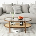 thumbnail image 2 of Topbuy 2-Tier Mid-Century Modern Wood Coffee Table with Tabletop & Imitation Rattan Storage Shelf, 2 of 9