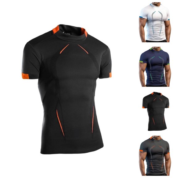 Workout Shirts for Men Summer Short Sleeve Neck Fitting Tight Quick Drying Muscle Tees Athletic Gym Tshirts