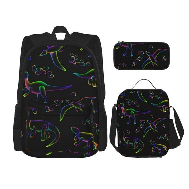 Vsdgher Dinosaur Print Large Capacity Backpack Lunch Bag Pencil Case Combination 3 Piece Set for Student