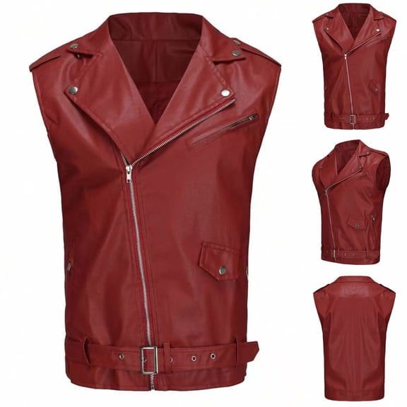 FRSASU Men's Faux Leather Biker Sleeveless Jacket Vintage Zip Motorcycle Vest PU Lightweight Punk Belted Coat Wine