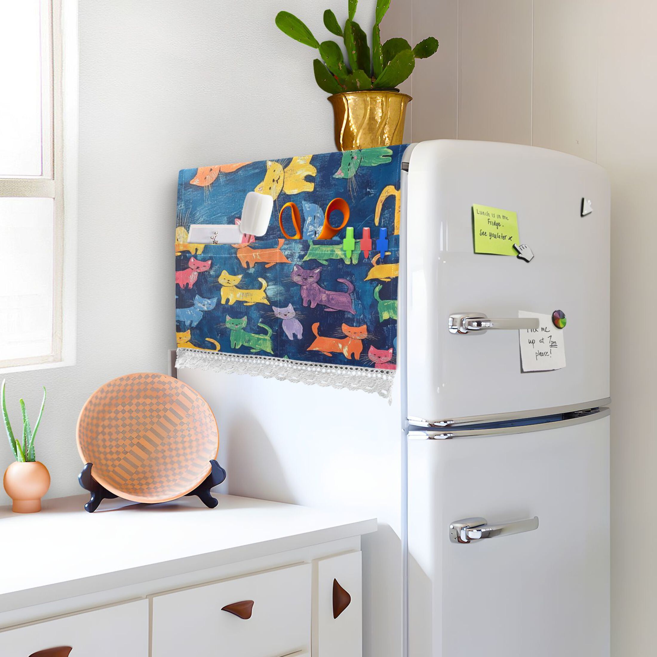 Colorful CatsWasher and Dryer Covers Dust-Proof and Oil Resistant Fridge Cover with 4 Storage Pockets Washing Machine Top Cover for Laundry Kitchen Home 51.2 x 22 In