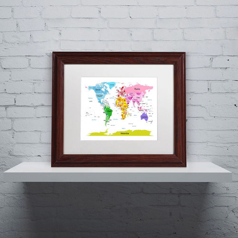 Trademark Fine Art "World Map for Kids II" Canvas Art by Michael Tompsett, White Matte, Wood Frame