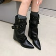 thumbnail image 3 of Dakaela Women's Fold over Boots Pointy Toe Mid Calf Cowboy Western Booties Buckles Pull on Dressy Winter Riding Shoes Black 7, 3 of 7