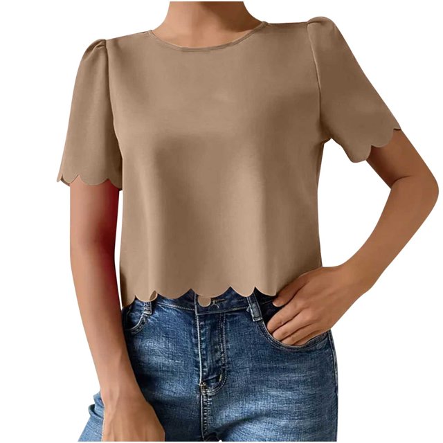 Timegard Womens Tops Crewneck Puff Short Sleeve Back Button Loose Cropped Casual Solid Color Tops Blouse