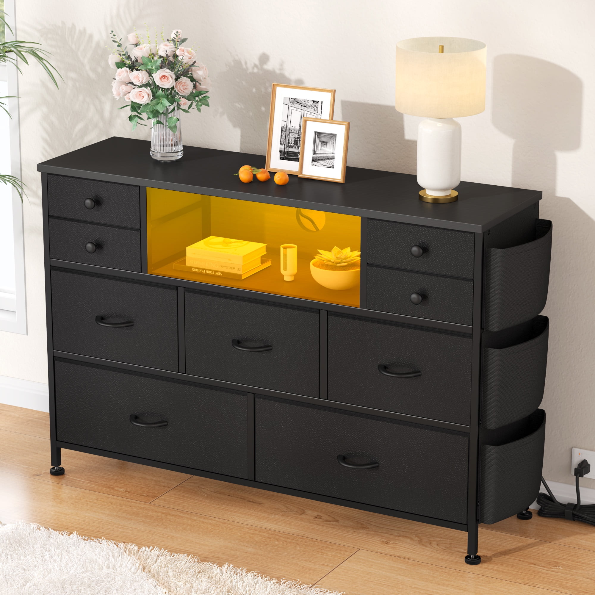 "GIKPAL 9Drawer Dresser with LED Lights, Power Outlets, Suitable for 50"" TV, Black"  (图3)