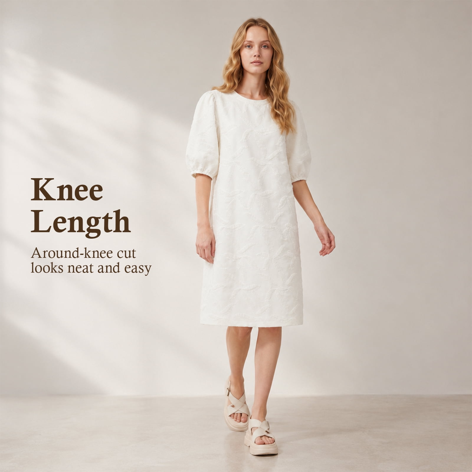Alvantor Women's Puff Sleeve Jacquard Shift Dress, White