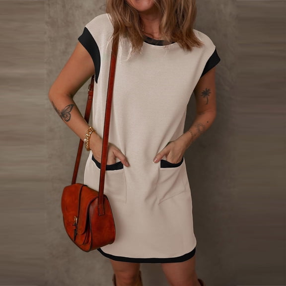 Blmnix Shift Wedding Guest Dresses for Women Beach Casual Under Dresses Beige 1/4 Sleeve Crew Neck Sweater Dress for Women,XL