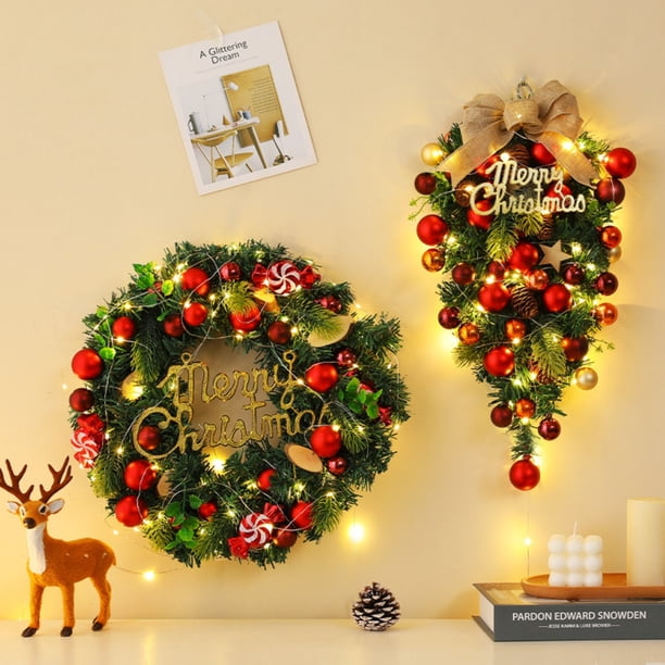 Anillo De Hierba Corona navideña con luces simuladas, guirnalda de follaje artificial para decoración de puertas durante todo el año (1 unidad) Rkxzt