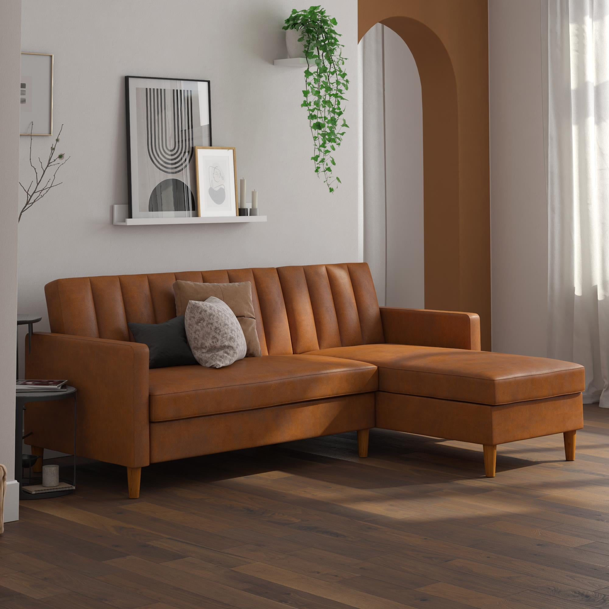 DHP Celine Sectional Futon and Couch with Storage, Camel Faux Leather