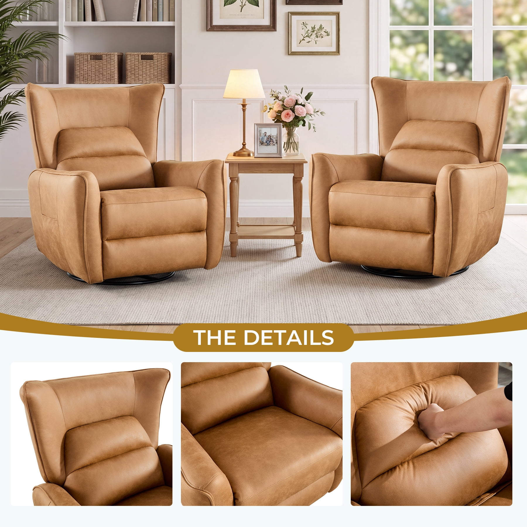 Bonzy Home Swivel Rocker Recliner Set of 2, Power Electric Recliners with Highly Enveloping Backrest Rocking Recliner Chair Leathaire Reclining Sofa for Living Room, Camel