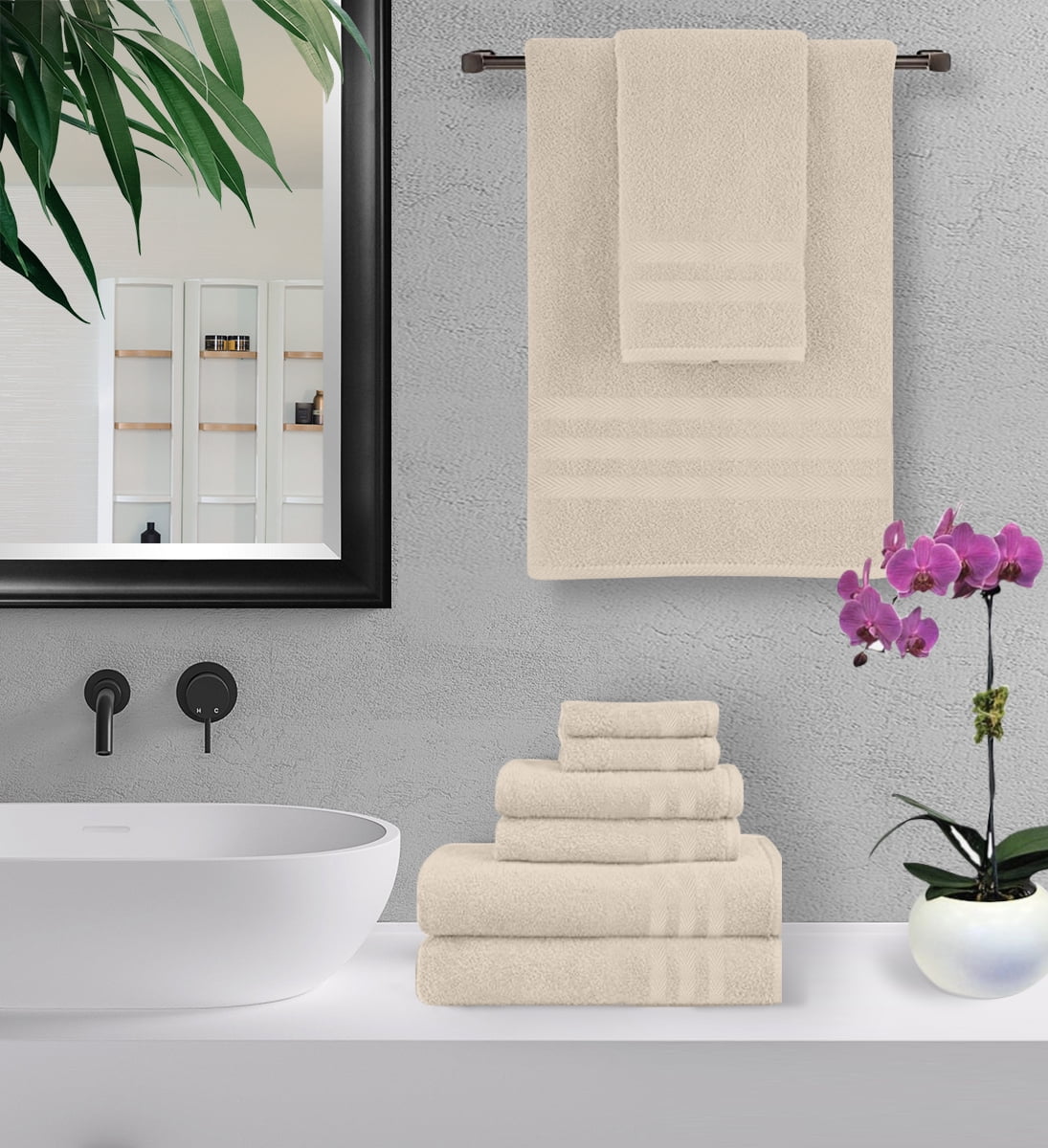 100% Cotton 650 GSM 6-Piece Bath Towel Sets - Highly Absorbent & Extra Soft Quality Towels For Bathroom & Kitchen, Every Day Use - Beige