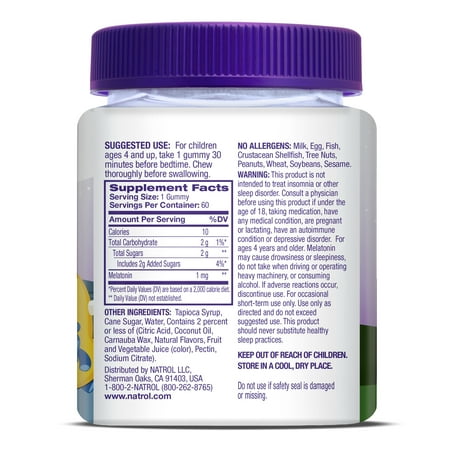 Natrol Kids Melatonin Sleep Aid Gummy, 1mg, Supplement for Children, Ages 4 and up, 60 Berry Flavored Gummies