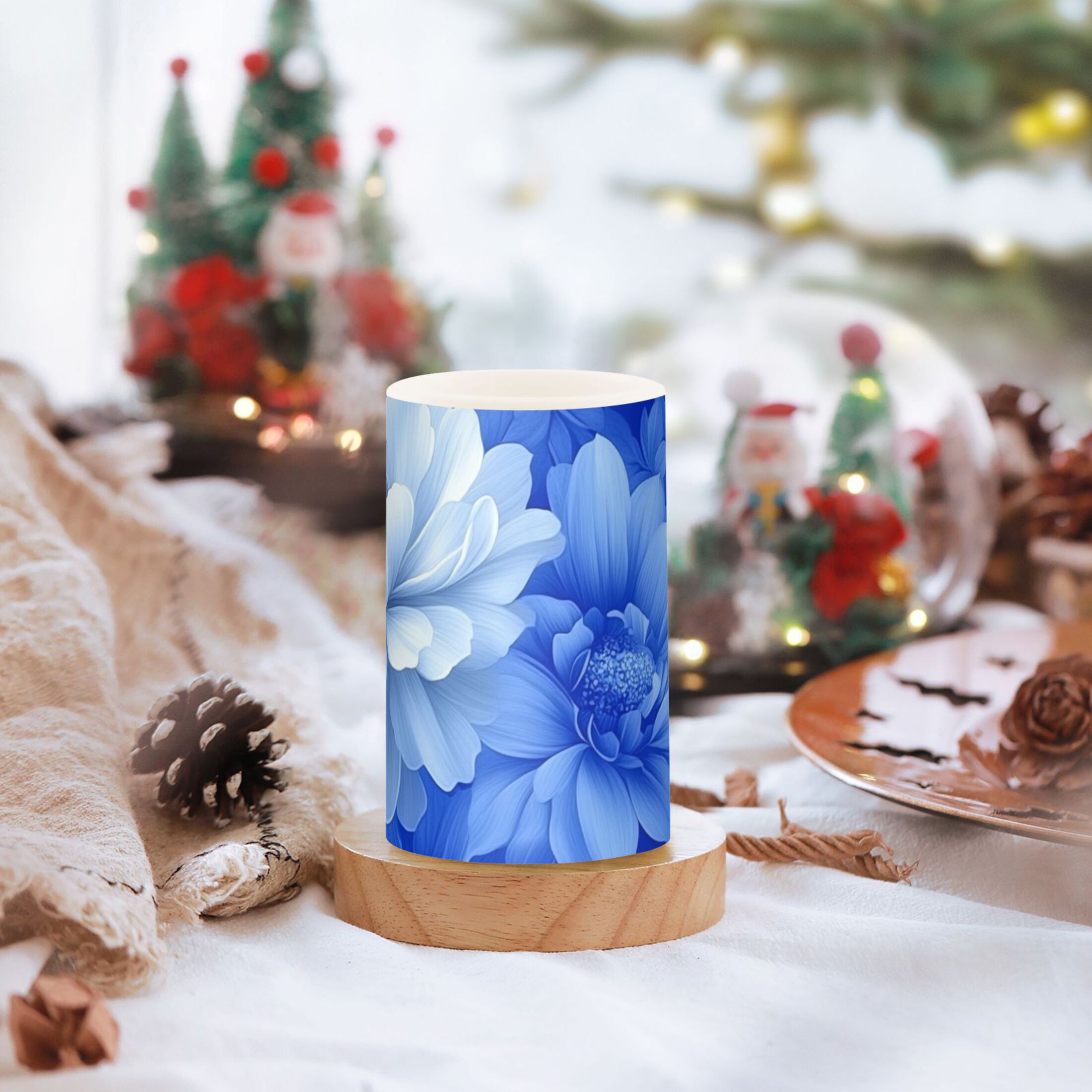 Elegant Blue Flower Flickering Flameless Candles Battery Operated with Remote Timer LED Pillar Candles Set of 2