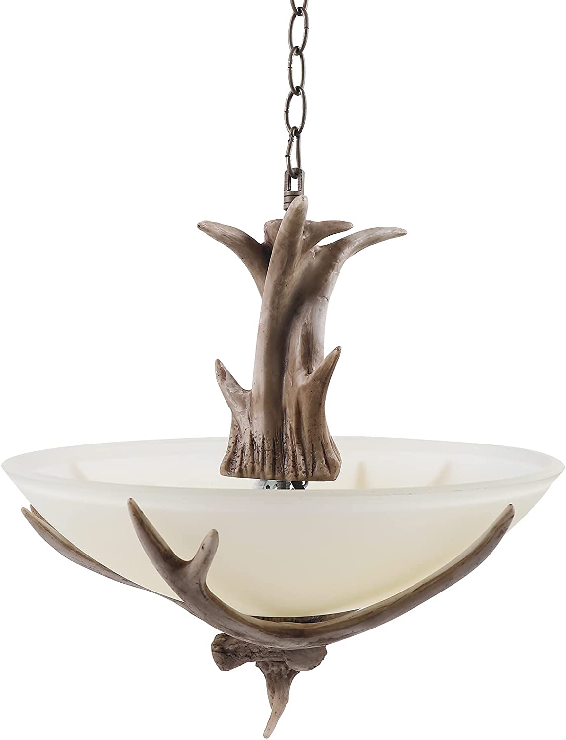 Vintage Antler Chandelier - 3-Light Faux Deer Horn Pendant With Frosted Glass Bowl, Rustic Lodge Ceiling Light For Living Room, Bar, Cafe