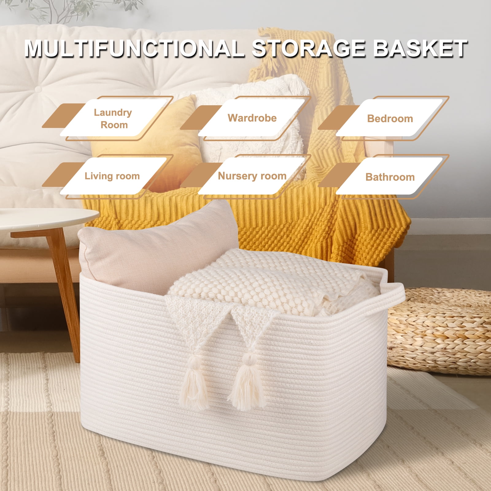 CHERISHGARD Blanket Basket 90L Rectangle Rope Baskets for Storage, Cotton Rope Basket for Bedroom Livingroom Washingroom