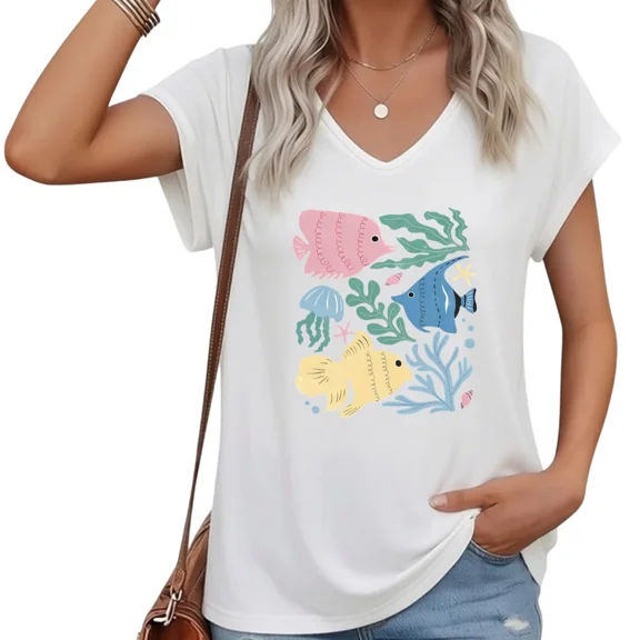 UNISHE Women Cute Sea Creatures V-Neck Cap Sleeve T-Shirt Coastal Casual Tee S-5XL