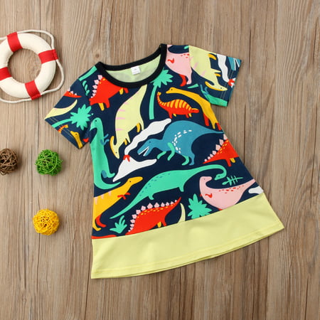 Toddler Kid Baby Girl Colourful Dinosaur Print Short Sleeves Color Matching Dress Funny Summer Skirt