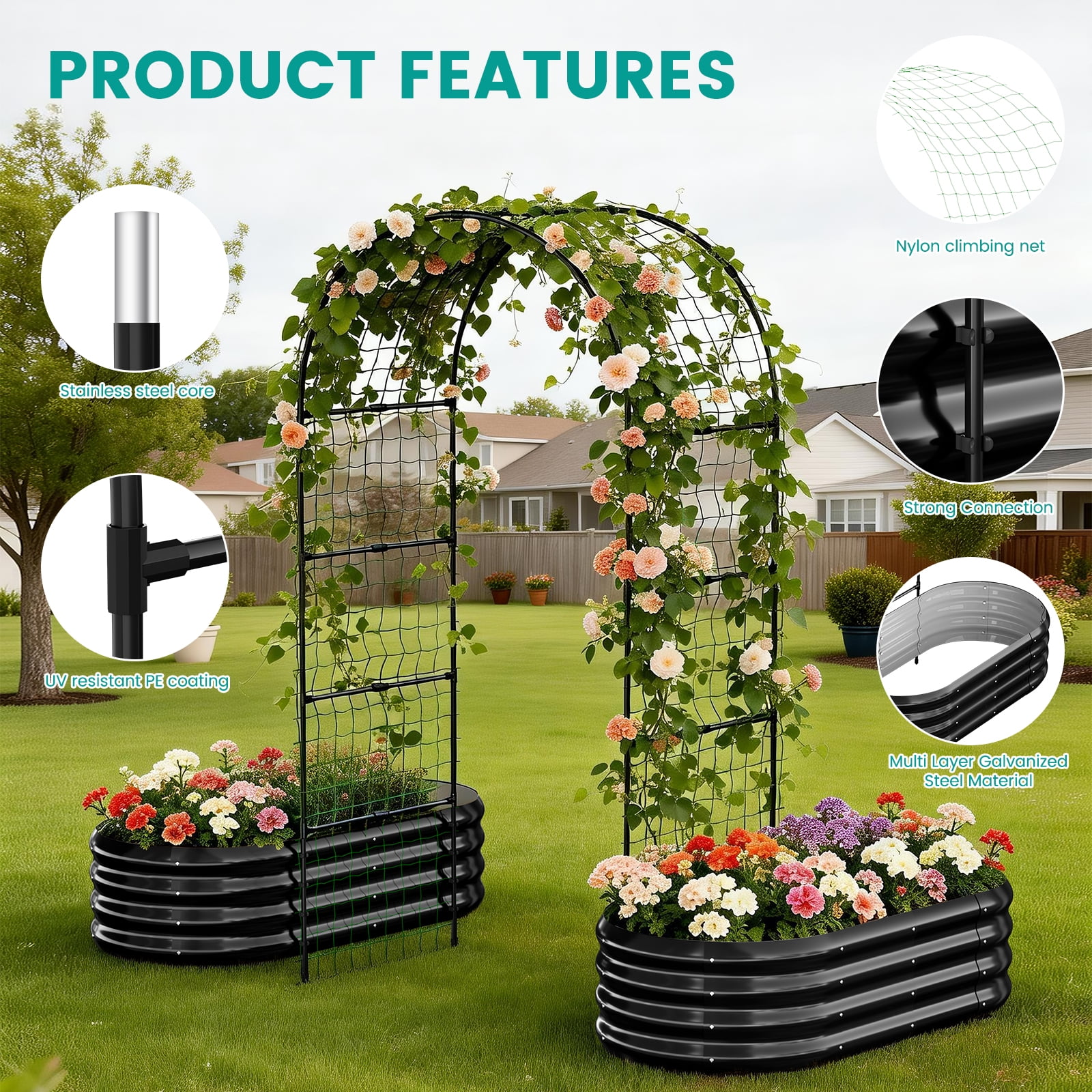 MOPHOTO 87inch Raised Garden Bed Arched Trellis Galvanized Planter Backyard Box Outdoor for Gardening,Climbing Vegetables,Plants,Flowers(Black-2pcs)