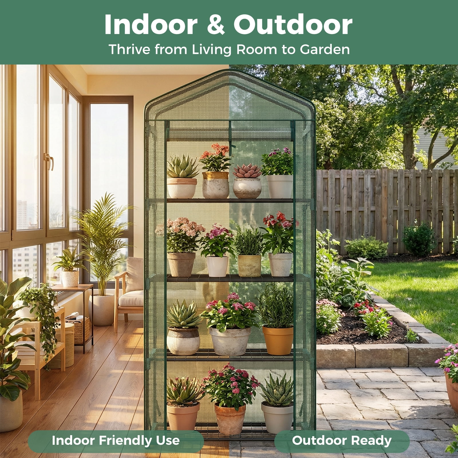 CONCETTA 4-Tier Mini & Portable Greenhouse with Rust-Resistant Steel Frame, Clear PVC Cover for Indoor or Outdoor Gardening, Green