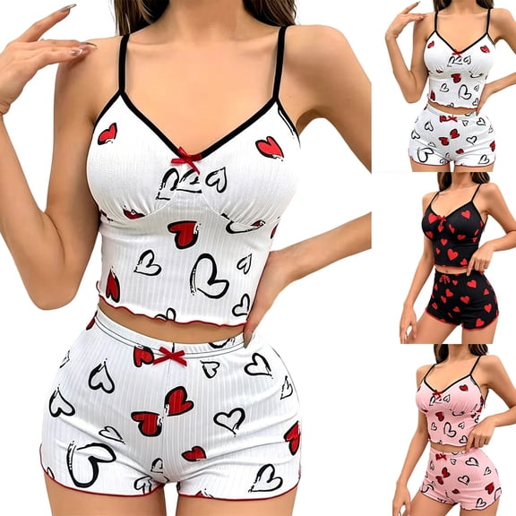 Hkoxplj Women Color Block Heart Print Cami Shorts Pajama Set V Neck Contrast Trim Ruffle Hem Adjustable Spaghetti Strap Elastic Waist 2 Piece Summer Sleepwear Cute Ribbed Loungewear Pjs Outfit