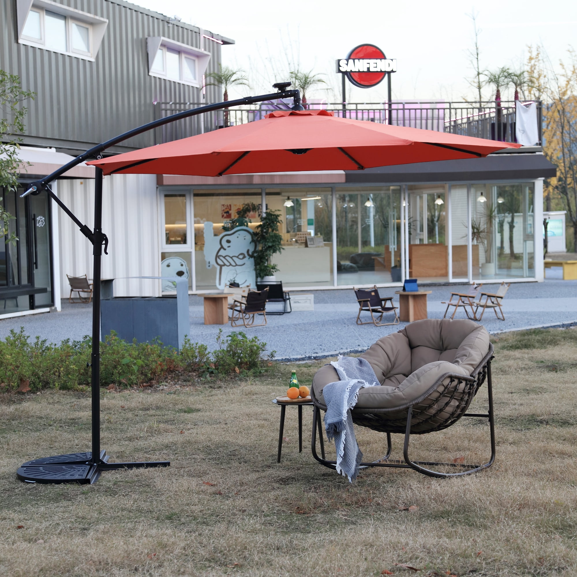 Leumius 10ft Solar LED Patio Umbrella, Offset Cantilever Outdoor Umbrella with 40 LED Lights, Infinite Tilt, 360 Degree Rotation, Crank Handle for Pool Deck Garden Backyard,Orange(No Base)