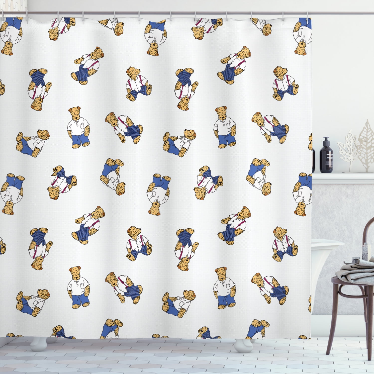 Kids Shower Curtain, Cute Teddy Bear Style Dog on Nostalgic Polka Dots