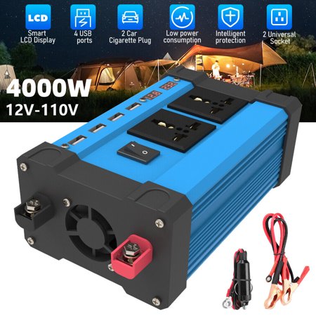 4000W Modified Wave Inverter 12V DC to 110/120v AC, Car Converter Inverter 2 AC Sockets and 4 USB Output, LCD Display and Wireless Remote Control for RV Truck Home Camping