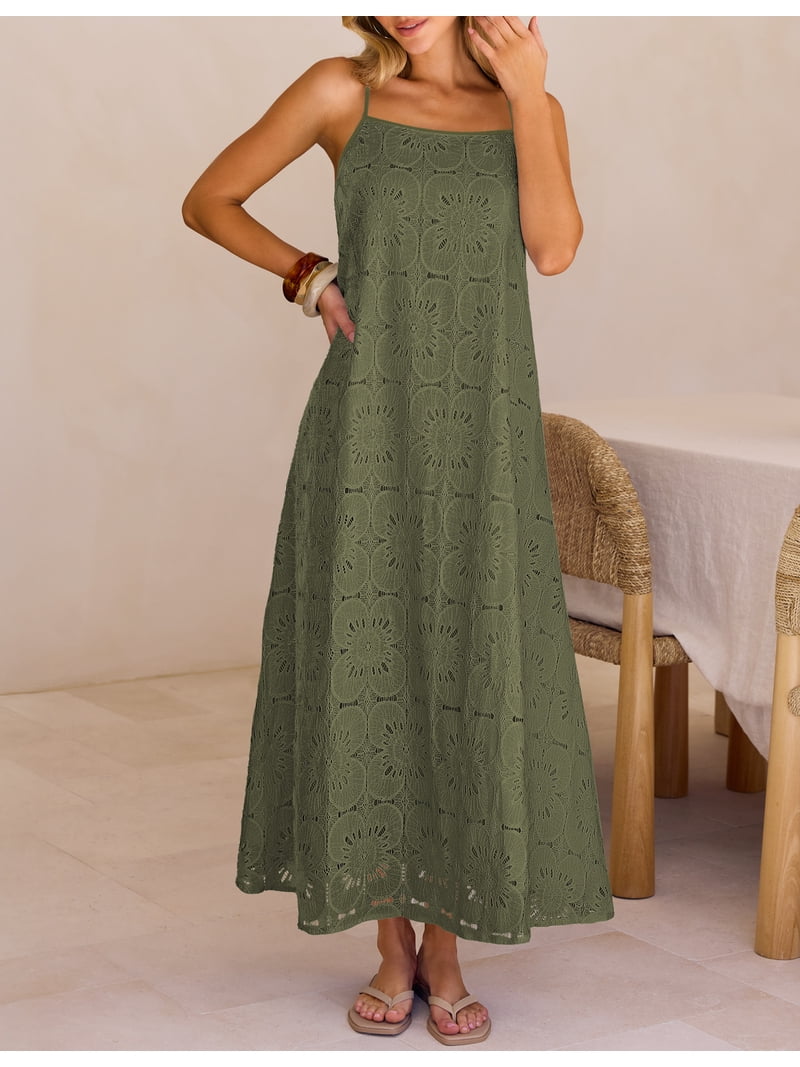 merokeety dress Womens Summer Spaghetti Maxi Sleeveless Floral Lace Eyelet Beach Sundress Army m The loose A MEROKEETY Long Sleeve V Neck