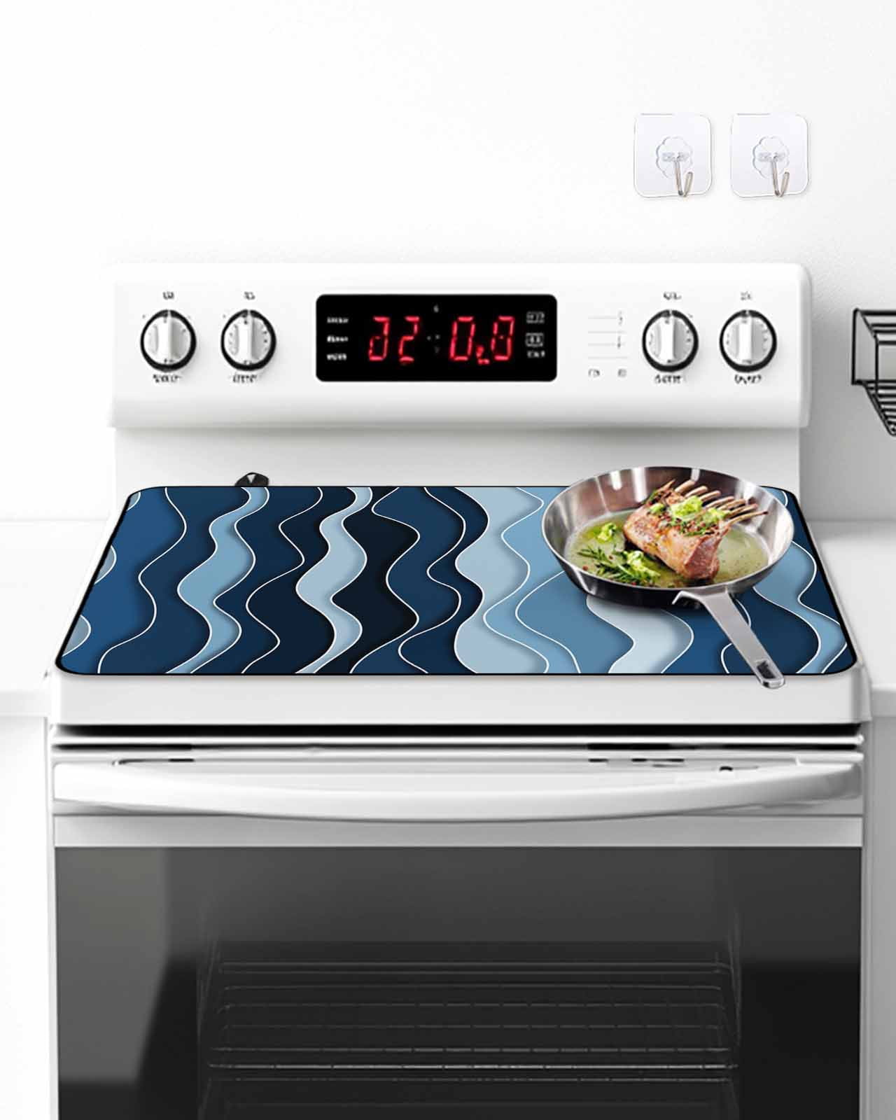 Stove Top Covers for Electric Stove, Abstract Blue Moire Glass Stovetop Cover Protector, Gradient Coastal Ocean Geometric Waves Induction Cooktop Protector Oven Mat for Kitchen Countertop 24"x21"