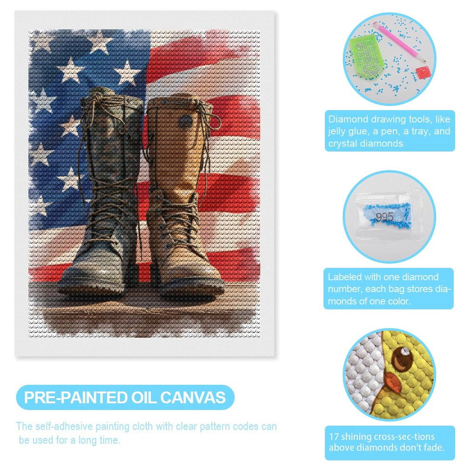 Diamond Art Kits for Adults, Camouflage Leather Boots American Flag 5D Diamond Painting Kits for Adults Beginners, DIY Full Drill Diamond Painting, Gem Art and Crafts 12x16