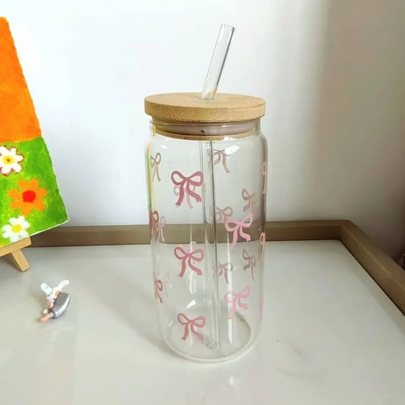 500ml Pink Blue Bow Glass Cups with Lids and Straw for Iced Milk Coffee Cup Outdoor Picnic Party Mug Cocktail Matcha Juice Cup