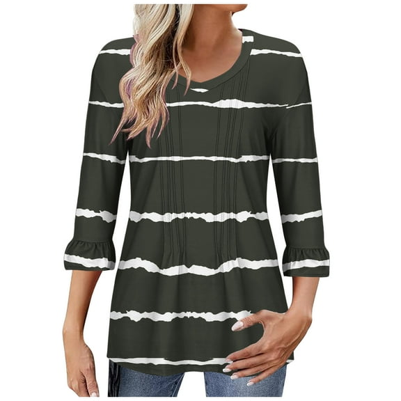 Utoimkio 3/4 Sleeve Shirts for Women Plus Size Casual Striped Crewneck Loose Fit Pullover Shirts Tops for Women