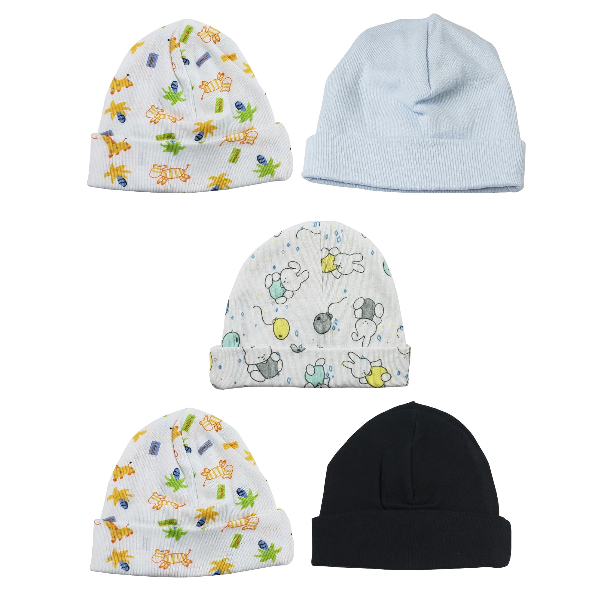 Set of 5 Solid Black Blue and Animals Designed Assorted Cotton Baby Boy Beanie Caps 8