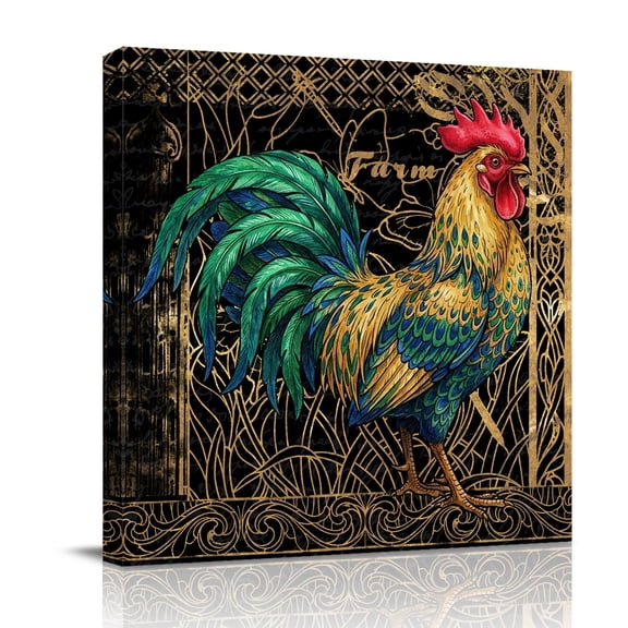 Retro Chicken Canvas Wall Art for Living Room, Farm Rooster Animal Black Gold Plated Texture Poster Print Painting for Bedroom Office Home Decoration Wall Pictures Prepare To Hang 10"x10"