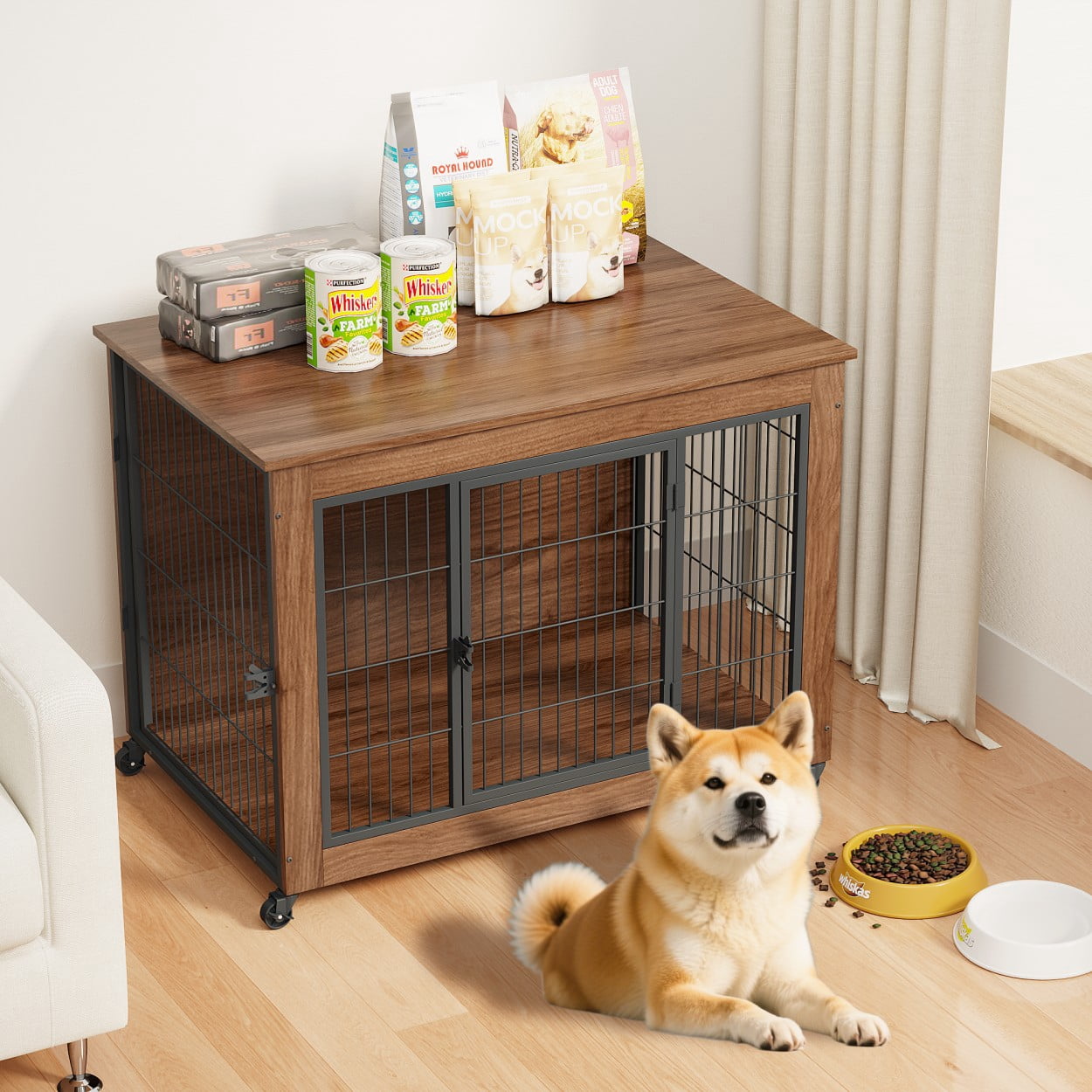 38.6" Dog Crate Furniture with Wheels for Small Dogs, Wooden Indoor Kennel with 2 Doors, Heavy Duty Metal Dog Cage End Table, Double Door Pet Crate, Brown