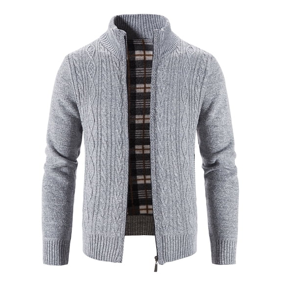 Lyinloo Mens Zip Up Knitted Cardigan Thick Sweater Stand Collar Fleece Lined Warm