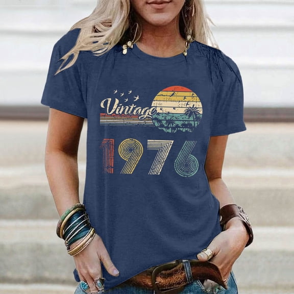Trendfront Womens Vintage 1976 T Shirts Crewneck Casual Short Sleeve Loose Fit Tops Trendy Fashion Tee 50th Birthday Gift Pullover Outfits