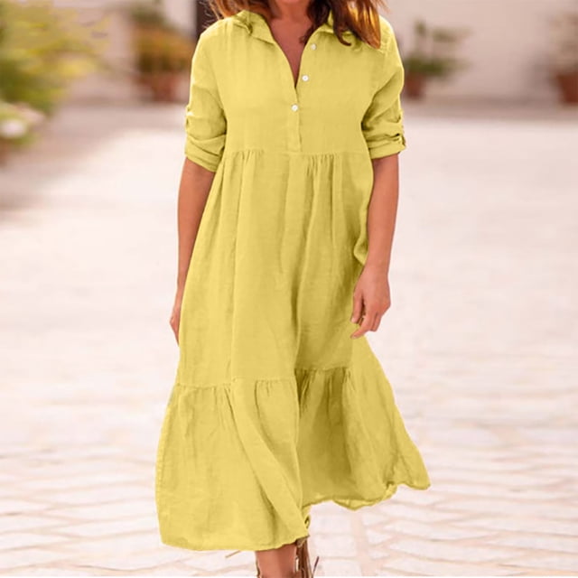 Robes Grande Taille Mode Femmes Automne Uni Décontracté Col Rabattu Manches Longues Vacances Robe à Boutons Manches Longues Robe d'Été pour Femmes en Liquidation